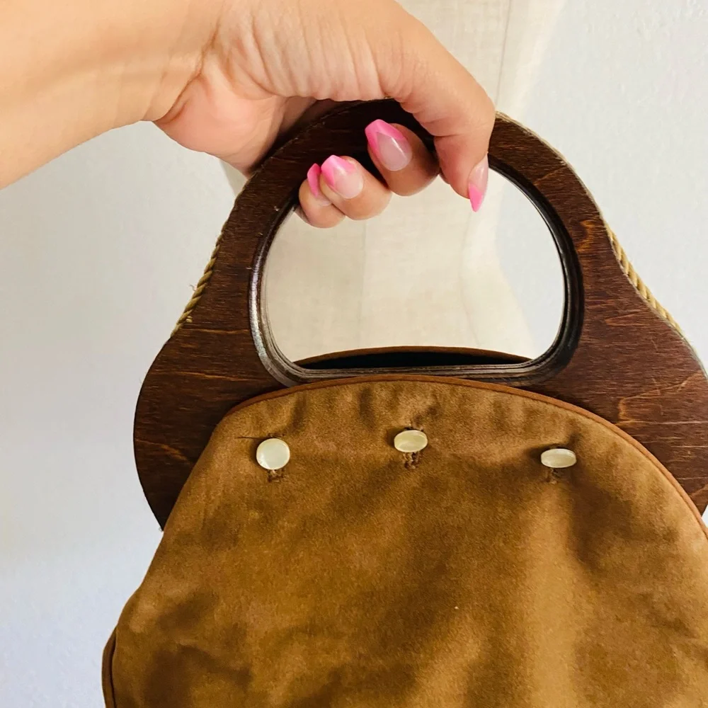 VINTAGE 70s BERMUDA BAG PURSE WOOD HANDLE BY BANNER HOUSE REVERSIBLE COVER - Picture 4 of 7